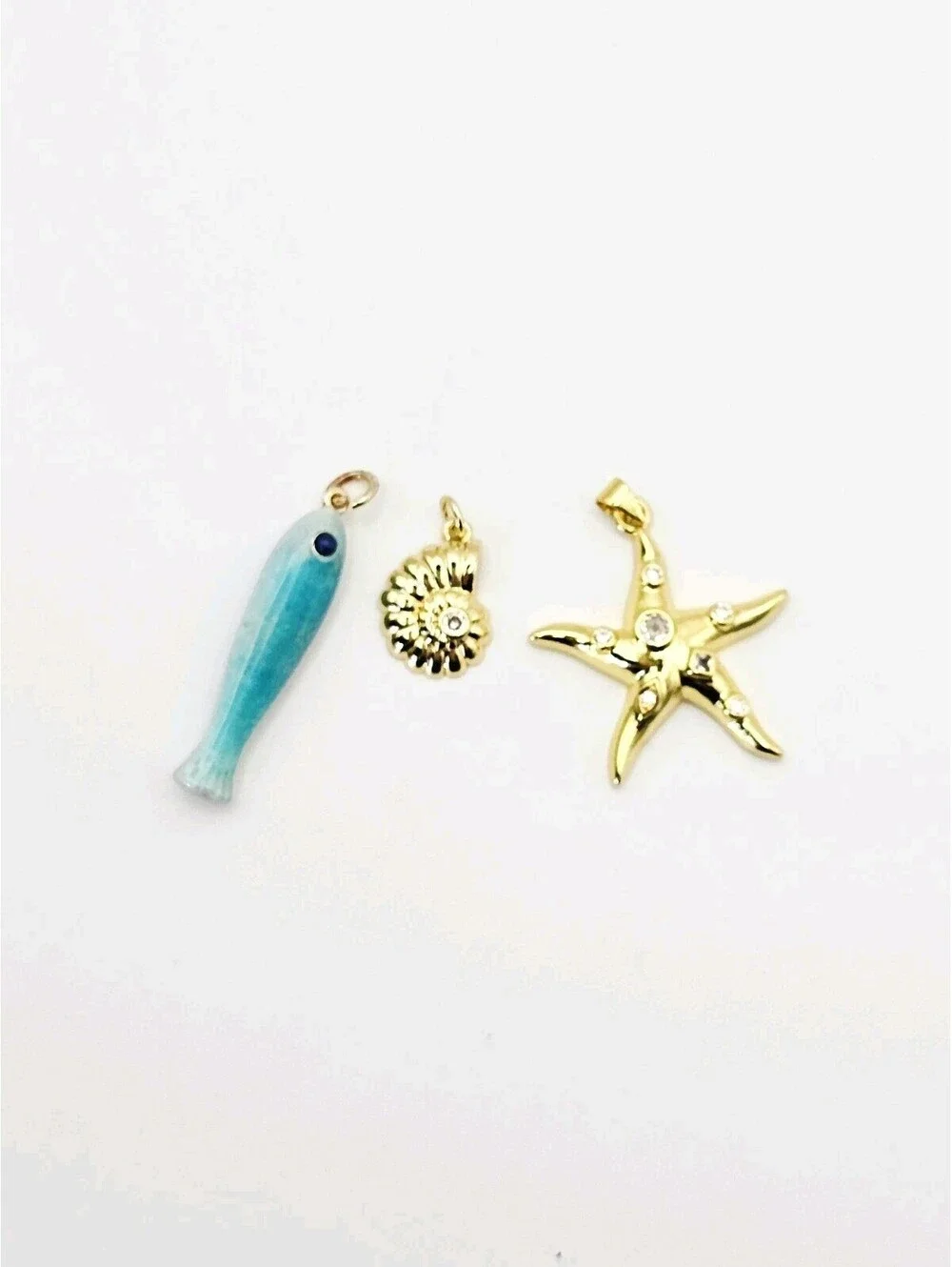 14K Gold Plated Ocean Charm Set Fish Starfish Shell CZ Enamel Pendant Lot of 3